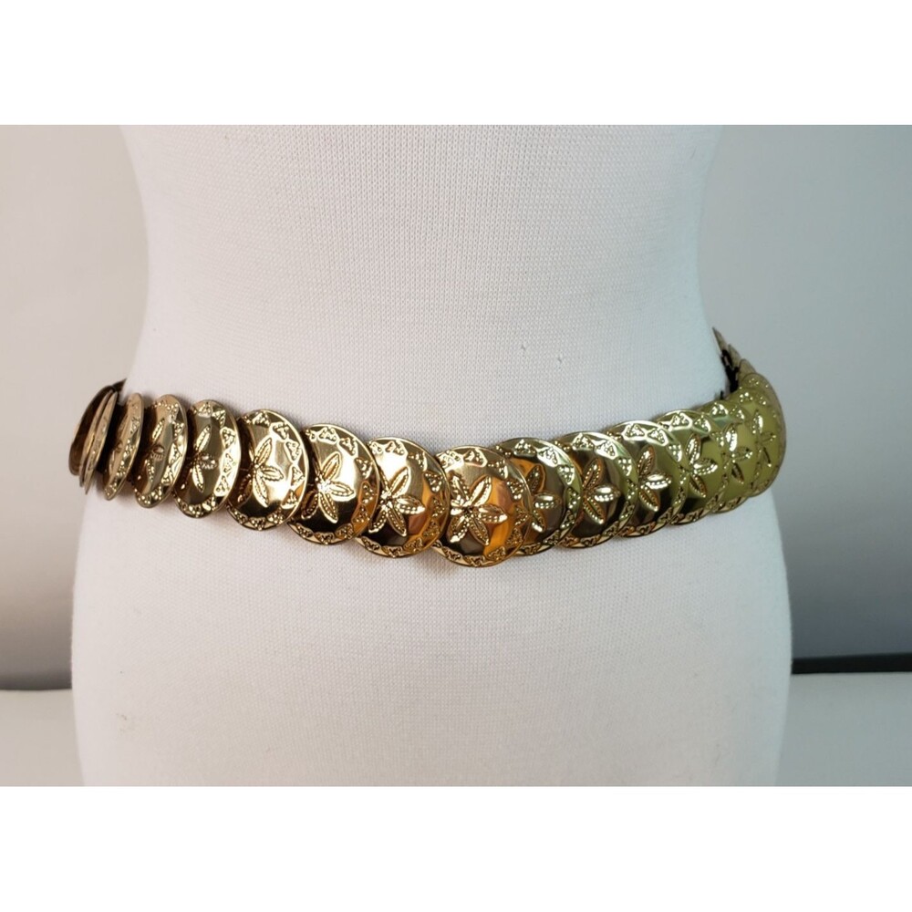 Vintage 80s Retro Gold Sand Dollar Belt Stretch Size 27"-35" Granny Core Coastal